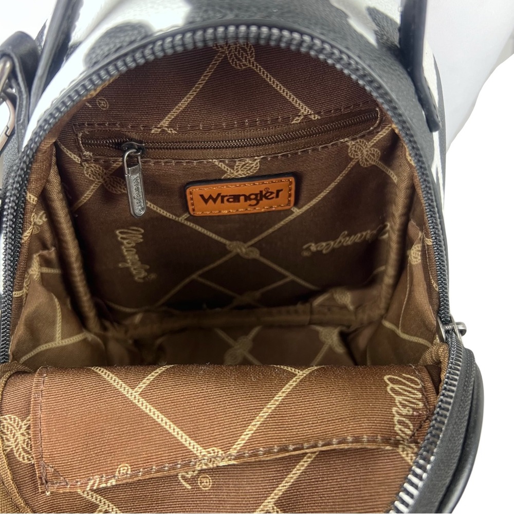 Wrangler Cow Print Mini Backpack Purse Black & White Faux Leather Western Bag - Picture 4 of 4